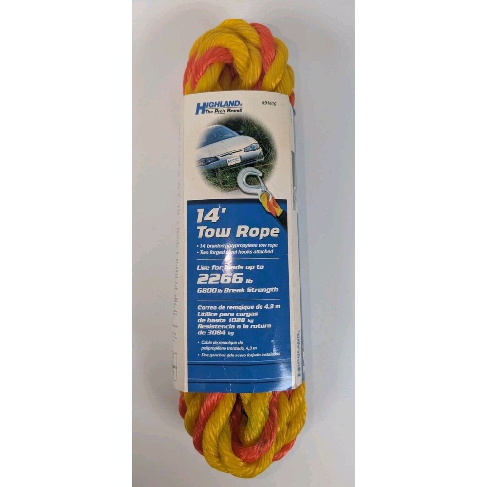 Highland 14' Tow Rope 6800 lb Break Strength 2266 lb Capacity New w Hooks